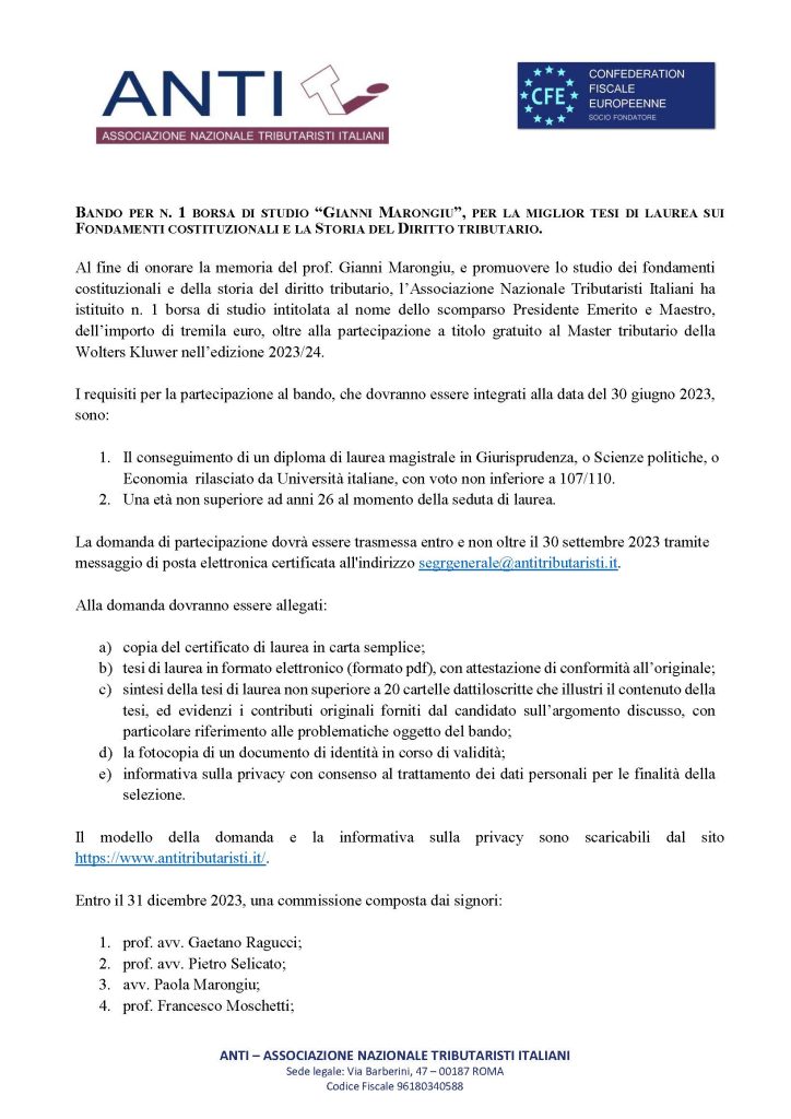 Bando per n 1 Borsa di studio Gianni Marongiu Domande entro il 30 settembre 2023 bando Pagina 1