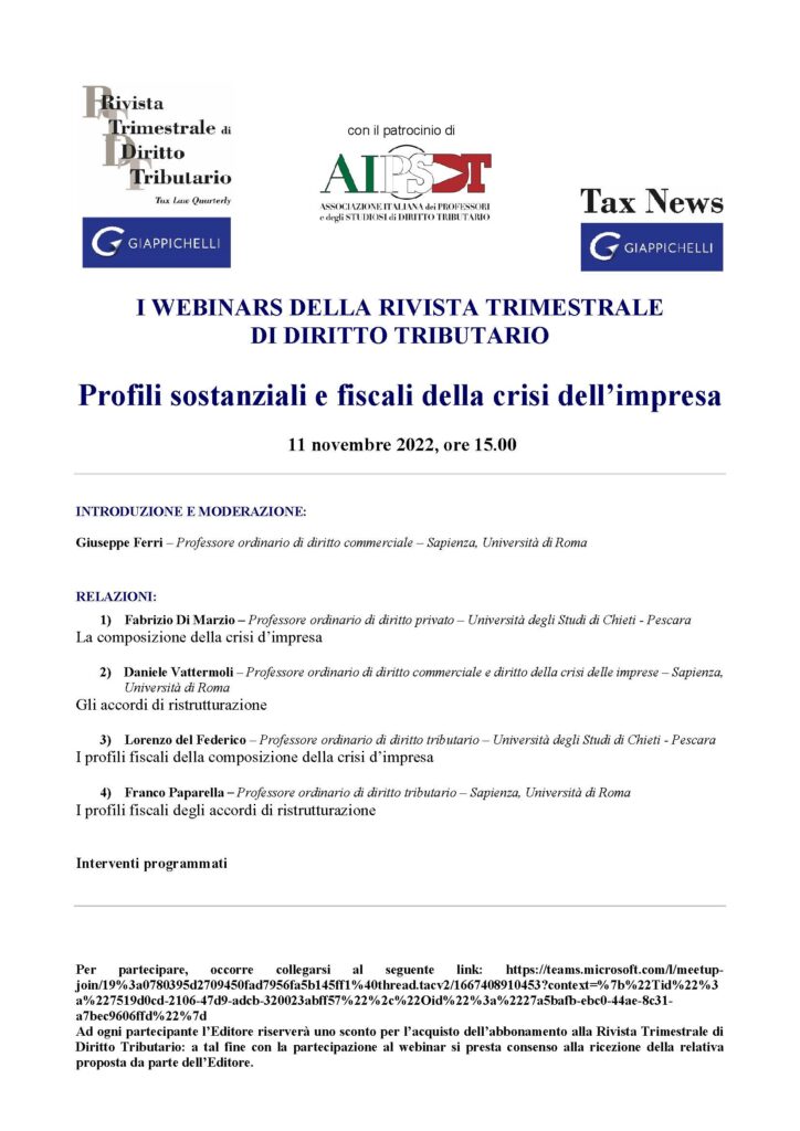 WEBINAR RTDT novita fiscali procedure concorsuali con link